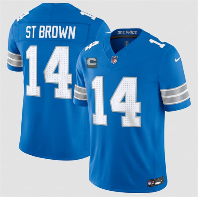Detroit Lions #14 Amon-Ra St. Brown Blue 2026 With 4-Star C Patch F.U.S.E. Vapor Limited Football Stitched Jersey Detroit Lions #14 Amon-Ra St. Brown Blue 2026 With 4-Star C Patch F.U.S.E. Vapor Limited Football Stitched Jersey