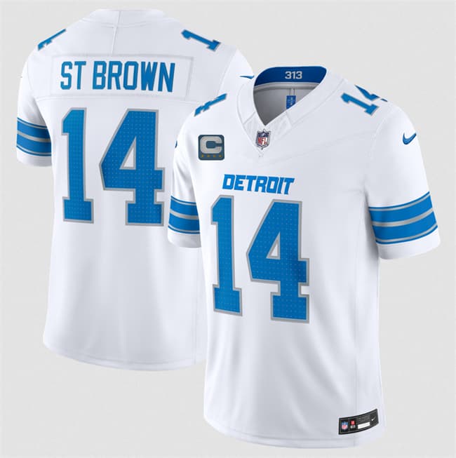 Detroit Lions #14 Amon-Ra St. Brown White 2026 With 4-Star C Patch F.U.S.E. Vapor Limited Football Stitched Jersey Detroit Lions #14 Amon-Ra St. Brown White 2026 With 4-Star C Patch F.U.S.E. Vapor Limited Football Stitched Jersey