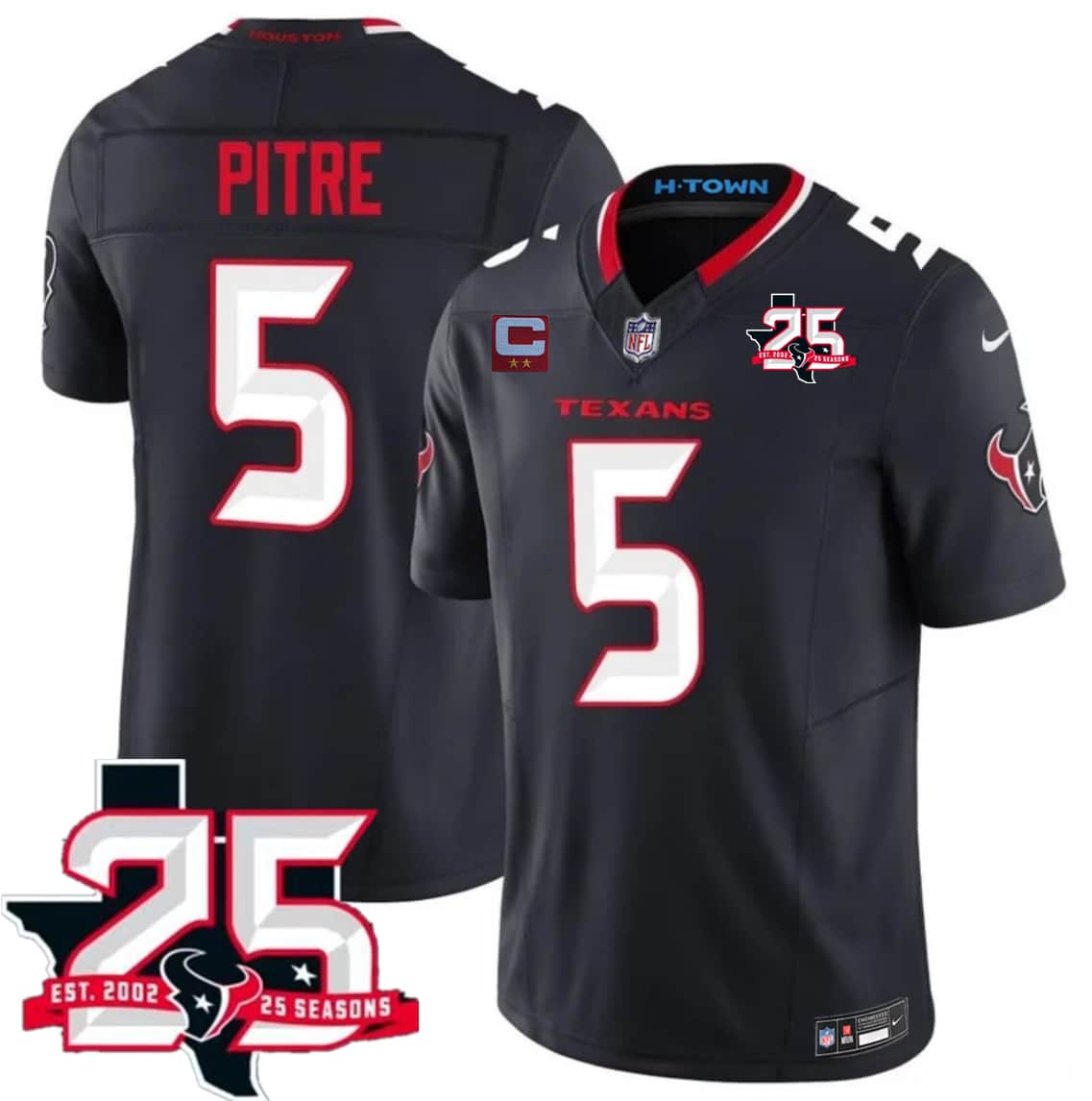 Houston Texans #5 Jalen Pitre Navy 2nd Alternate 2026 With 25th Anniversary Patch And 2-Star C Patch F.U.S.E. Vapor Limited Football Stitched Jersey Houston Texans #5 Jalen Pitre Navy 2nd Alternate 2026 With 25th Anniversary Patch And 2-Star C Patch F.U.S.E. Vapor Limited Football Stitched Jersey
