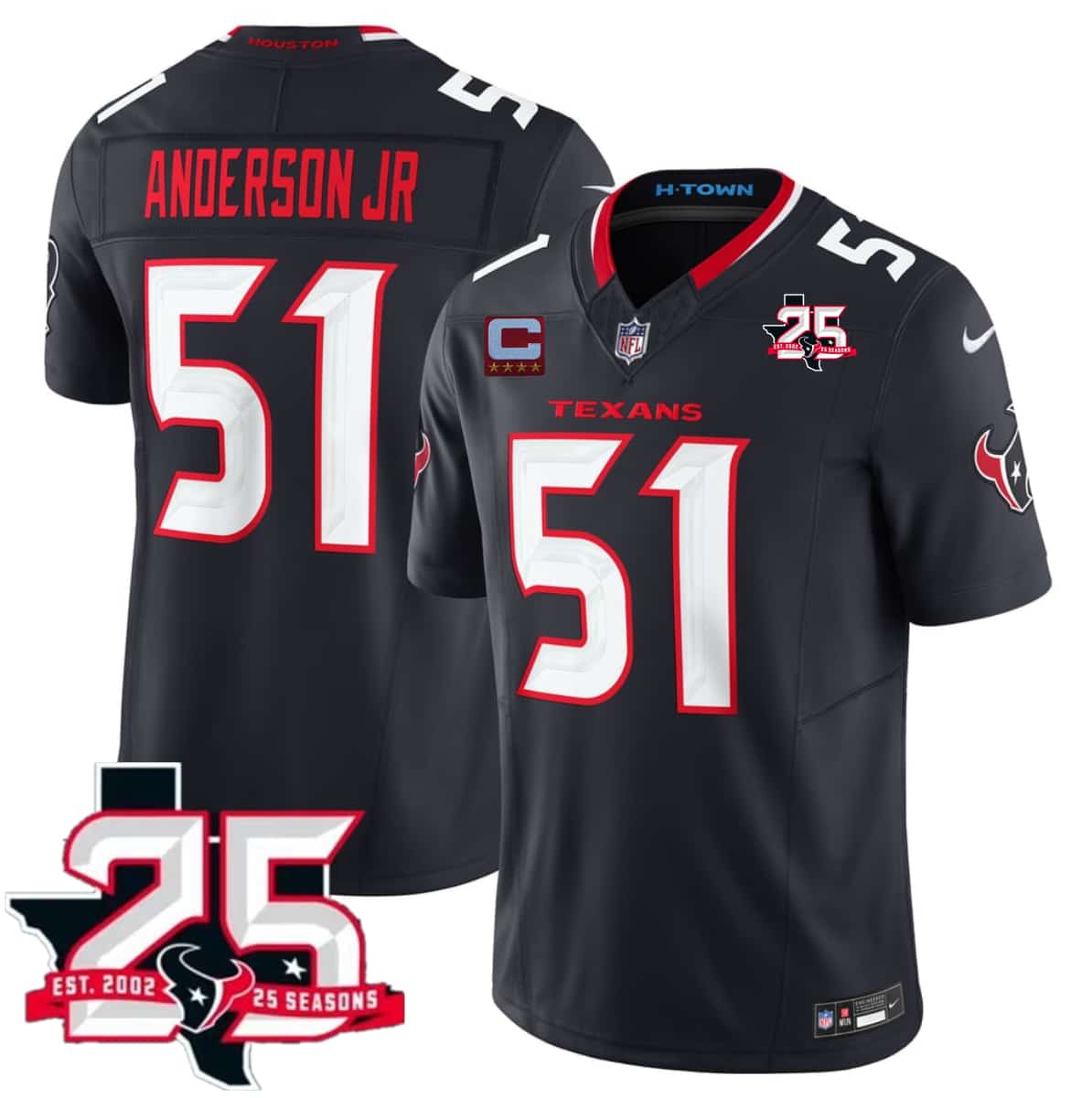 Houston Texans #51 Will Anderson Jr Navy 2nd Alternate 2026 With 25th Anniversary Patch And 4-Star C Patch F.U.S.E. Vapor Limited Football Stitched Jersey Houston Texans #51 Will Anderson Jr Navy 2nd Alternate 2026 With 25th Anniversary Patch And 4-Star C Patch F.U.S.E. Vapor Limited Football Stitched Jersey