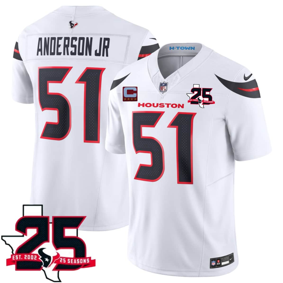 Houston Texans #51 Will Anderson Jr White 2026 With 25th Anniversary Patch And 4-Star C Patch F.U.S.E. Vapor Limited Football Stitched Jersey Houston Texans #51 Will Anderson Jr White 2026 With 25th Anniversary Patch And 4-Star C Patch F.U.S.E. Vapor Limited Football Stitched Jersey