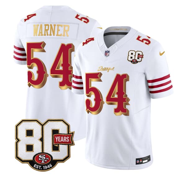 San Francisco 49ers #54 Fred Warner White Gold 80th Anniversary Patch 'Rivalries' 2026 F.U.S.E. Vapor Untouchable Limited Football Stitched Jersey