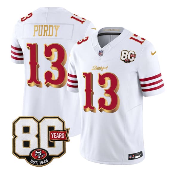 San Francisco 49ers #13 Brock Purdy White Gold 80th Anniversary Patch 'Rivalries' 2026 F.U.S.E. Vapor Untouchable Limited Football Stitched Jersey San Francisco 49ers #13 Brock Purdy White Gold 80th Anniversary Patch 'Rivalries' 2026 F.U.S.E. Vapor Untouchable Limited Football Stitched Jersey