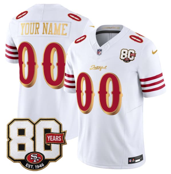 San Francisco 49ers Active Player Custom White Gold 80th Anniversary Patch 'Rivalries' 2026 F.U.S.E. Vapor Untouchable Limited Football Stitched Jersey