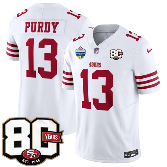 San Francisco 49ers #13 Brock Purdy White 80th Anniversary And Melbourne Game Patch 2026 F.U.S.E. Vapor Untouchable Limited Football Stitched Jersey