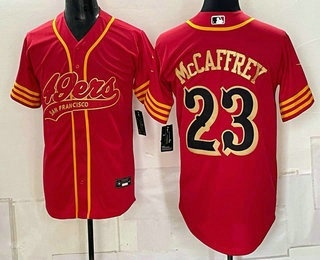 San Francisco 49ers #23 Christian McCaffrey Red Gold Cool Base Stitched Baseball Jersey San Francisco 49ers #23 Christian McCaffrey Red Gold Cool Base Stitched Baseball Jersey