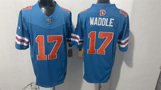 Denver Broncos #17 Jaylen Waddle Blue F.U.S.E. With Patch Throwback Vapor Limited Football Stitched Jersey