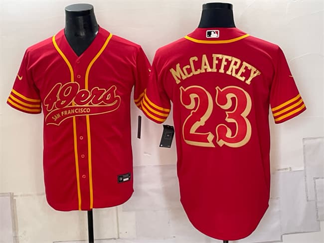 San Francisco 49ers #23 Christian McCaffrey Red Gold Cool Base Stitched Baseball Jersey San Francisco 49ers #23 Christian McCaffrey Red Gold Cool Base Stitched Baseball Jersey