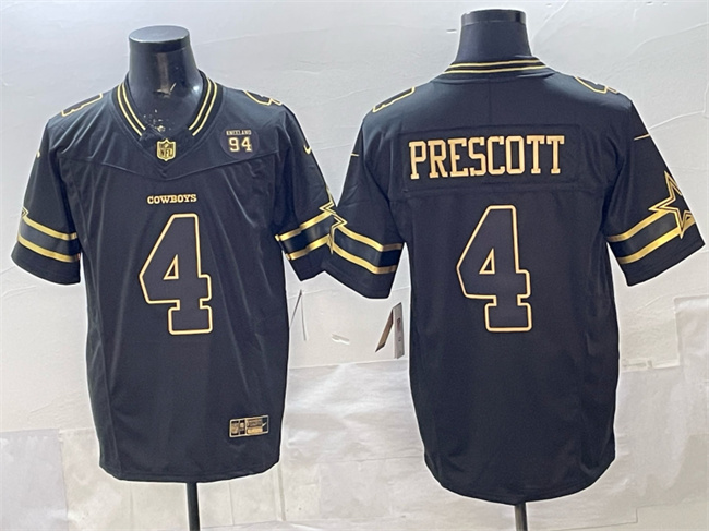 Dallas Cowboys #4 Dak Prescott Black Gold 2025 F.U.S.E. 94 Marshawn Kneeland Memorial Patch Vapor Limited Stitched Football Jersey Dallas Cowboys #4 Dak Prescott Black Gold 2025 F.U.S.E. 94 Marshawn Kneeland Memorial Patch Vapor Limited Stitched Football Jersey