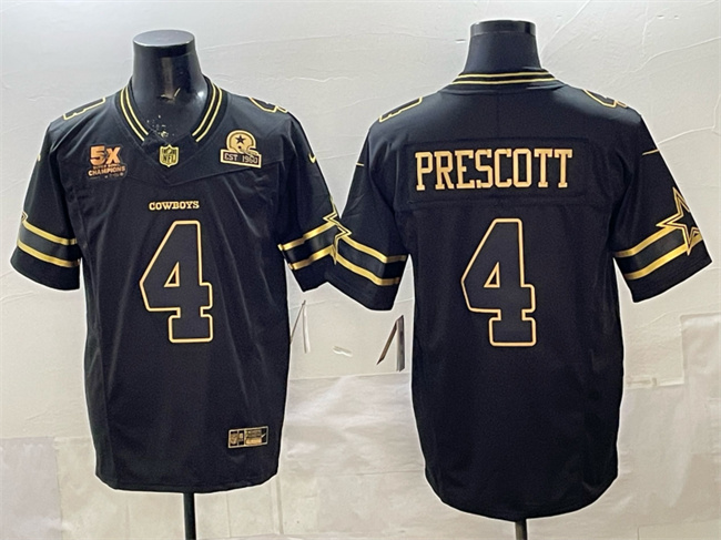 Dallas Cowboys #4 Dak Prescott Black Gold 2025 F.U.S.E. With 5x Super Bowl Champions & Established In 1960 Patch Vapor Limited Stitched Football Jersey Dallas Cowboys #4 Dak Prescott Black Gold 2025 F.U.S.E. With 5x Super Bowl Champions & Established In 1960 Patch Vapor Limited Stitched Football Jersey
