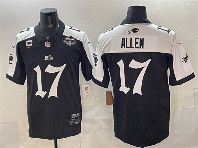Buffalo Bills #17 Josh Allen Black White 2025 F.U.S.E. 'Gothic Cold Front Edition' With Farewell Patch & 4-Star C Patch Vapor Limited Football Stitched Jersey Buffalo Bills #17 Josh Allen Black White 2025 F.U.S.E. 'Gothic Cold Front Edition' With Farewell Patch & 4-Star C Patch Vapor Limited Football Stitched Jersey