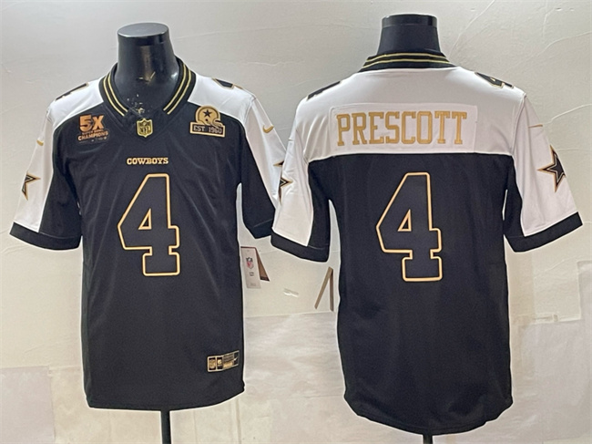 Dallas Cowboys #4 Dak Prescott Black Gold 2025 F.U.S.E. With 5x Super Bowl Champions & Established In 1960 Patch Vapor Limited Stitched Football Jersey Dallas Cowboys #4 Dak Prescott Black Gold 2025 F.U.S.E. With 5x Super Bowl Champions & Established In 1960 Patch Vapor Limited Stitched Football Jersey