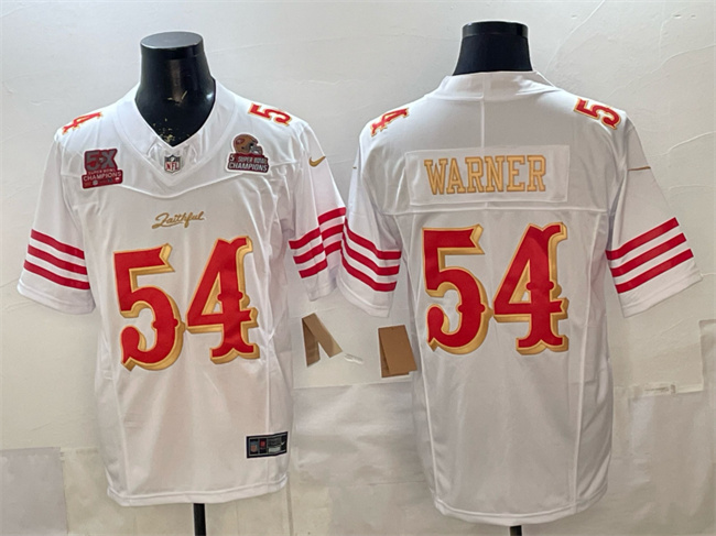 San Francisco 49ers #54 Fred Warner White Gold 2025 F.U.S.E. ??Rivalries?? 5x Super Bowl Champions Patch Vapor Limited Stitched Football Jersey