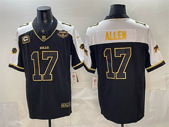 Buffalo Bills #17 Josh Allen Black Gold 2025 F.U.S.E. With Farewell Patch & 4-Star C Patch Vapor Limited Football Stitched Jersey Buffalo Bills #17 Josh Allen Black Gold 2025 F.U.S.E. With Farewell Patch & 4-Star C Patch Vapor Limited Football Stitched Jersey