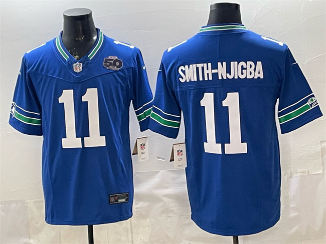 Seattle Seahawks #11 Jaxon Smith-Njigba Royal 2025 F.U.S.E. 50th Season Patch Throwback Vapor Limited Football Stitched Jersey Seattle Seahawks #11 Jaxon Smith-Njigba Royal 2025 F.U.S.E. 50th Season Patch Throwback Vapor Limited Football Stitched Jersey
