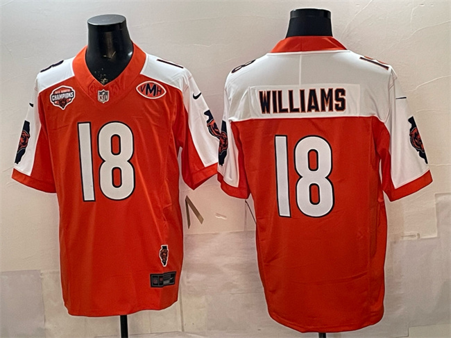 Chicago Bears #18 Caleb Williams Orange White F.U.S.E. 2025 NFC North Champions & VMH Patch Vapor Untouchable Limited Stitched Football Jersey Chicago Bears #18 Caleb Williams Orange White F.U.S.E. 2025 NFC North Champions & VMH Patch Vapor Untouchable Limited Stitched Football Jersey