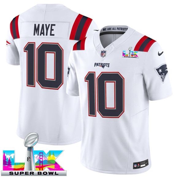 New England Patriots #10 Drake Maye White 2025 F.U.S.E. Super Bowl LX Patch Vapor Limited Football Stitched Jersey