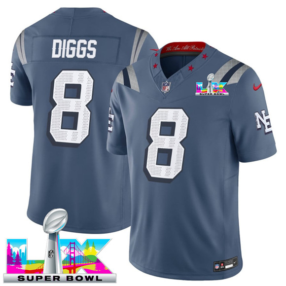 New England Patriots #8 Stefon Diggs Storm Blue 2025 F.U.S.E. Super Bowl LX Patch ??Rivalries?? Vapor Limited Football Stitched Jersey