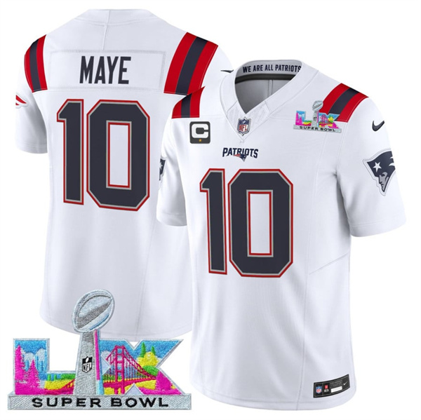 New England Patriots #10 Drake Maye White 2025 F.U.S.E. Super Bowl LX Patch And 1-Star C Patch Vapor Limited Football Stitched Jersey
