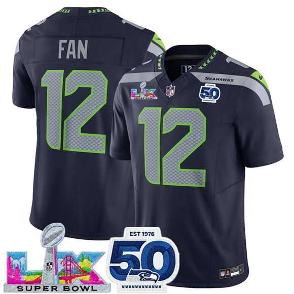 Seattle Seahawks #12 Fan Navy 2025 F.U.S.E. Super Bowl LX Patch And 50th Season Patch Vapor Limited Football Stitched Jersey Seattle Seahawks #12 Fan Navy 2025 F.U.S.E. Super Bowl LX Patch And 50th Season Patch Vapor Limited Football Stitched Jersey