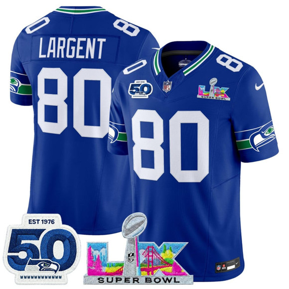 Seattle Seahawks #80 Steve Largent Royal 2025 F.U.S.E. Super Bowl LX Patch And 50th Season Patch Vapor Throwback Limited Football Stitched Jersey