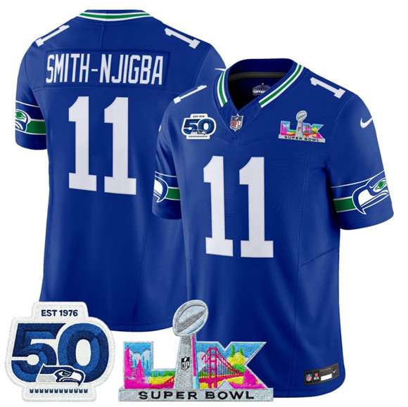 Seattle Seahawks #11 Jaxon Smith-Njigba Royal 2025 F.U.S.E. Super Bowl LX Patch And 50th Season Patch Vapor Throwback Limited Football Stitched Jersey Seattle Seahawks #11 Jaxon Smith-Njigba Royal 2025 F.U.S.E. Super Bowl LX Patch And 50th Season Patch Vapor Throwback Limited Football Stitched Jersey