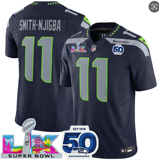 Seattle Seahawks #11 Jaxon Smith-Njigba Navy 2025 F.U.S.E. Super Bowl LX Patch And 50th Season Patch Vapor Limited Football Stitched Jersey Seattle Seahawks #11 Jaxon Smith-Njigba Navy 2025 F.U.S.E. Super Bowl LX Patch And 50th Season Patch Vapor Limited Football Stitched Jersey