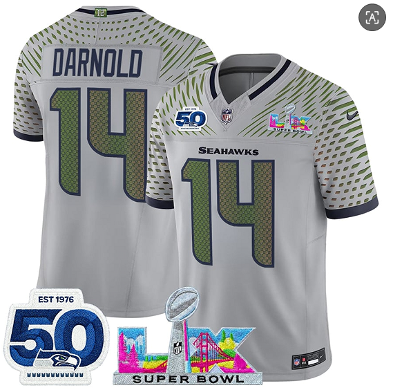 Seattle Seahawks #14 Sam Darnold Gray 2025 F.U.S.E. Super Bowl LX Patch And 50th Season Patch ??Rivalries?? Vapor Limited Football Stitched Jersey