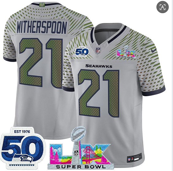 Seattle Seahawks #21 Devon Witherspoon Gray 2025 F.U.S.E. Super Bowl LX Patch And 50th Season Patch ??Rivalries?? Vapor Limited Football Stitched Jersey Seattle Seahawks #21 Devon Witherspoon Gray 2025 F.U.S.E. Super Bowl LX Patch And 50th Season Patch ??Rivalries?? Vapor Limited Football Stitched Jersey