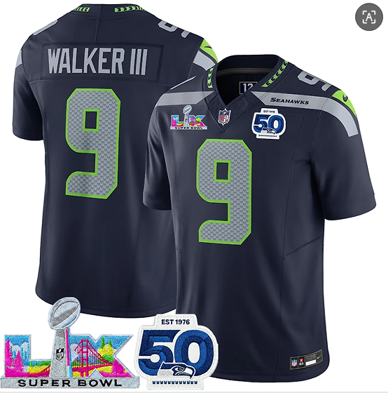 Seattle Seahawks #9 Kenneth Walker III Navy 2025 F.U.S.E. Super Bowl LX Patch And 50th Season Patch Vapor Limited Football Stitched Jersey Seattle Seahawks #9 Kenneth Walker III Navy 2025 F.U.S.E. Super Bowl LX Patch And 50th Season Patch Vapor Limited Football Stitched Jersey