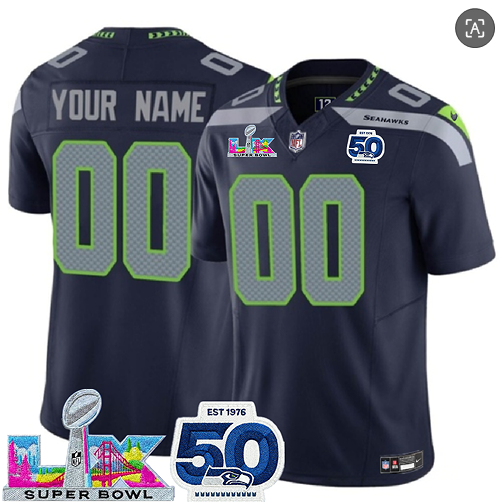Seattle Seahawks Active Player Custom Navy 2025 F.U.S.E. Super Bowl LX Patch And 50th Season Patch Vapor Limited Stitched Jersey
