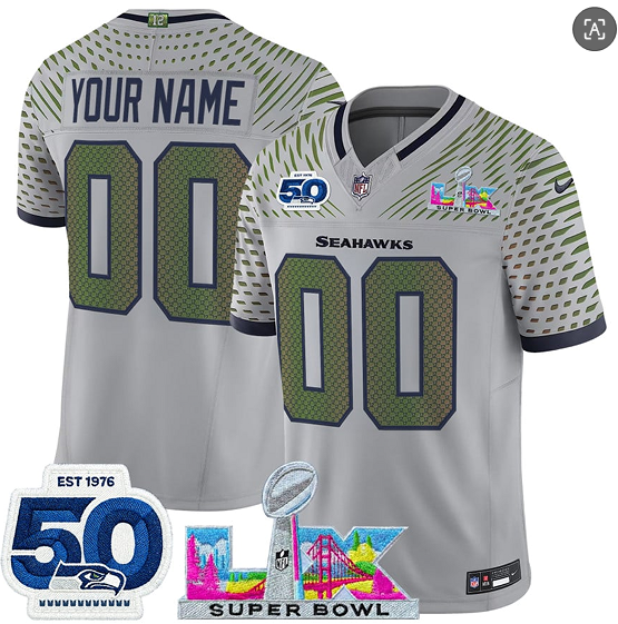 Seattle Seahawks Active Player Custom Gray 2025 F.U.S.E. Super Bowl LX Patch And 50th Season Patch ??Rivalries?? Vapor Limited Stitched Jersey Seattle Seahawks Active Player Custom Gray 2025 F.U.S.E. Super Bowl LX Patch And 50th Season Patch ??Rivalries?? Vapor Limited Stitched Jersey