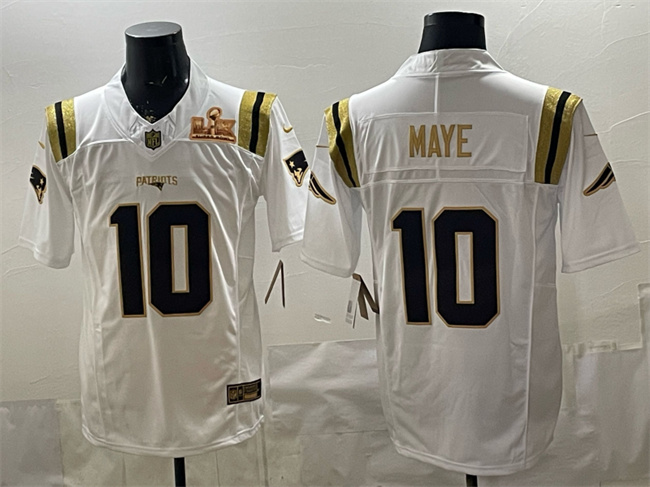 New England Patriots #10 Drake Maye White Gold 2025 F.U.S.E. Super Bowl LX Patch Vapor Limited Stitched Football Jersey