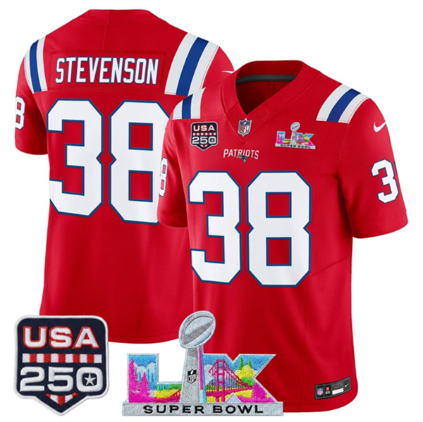 New England Patriots #38 Rhamondre Stevenson Red 2025 F.U.S.E. Super Bowl LX Patch And USA 250' Patch Vapor Limited Football Stitched Jersey