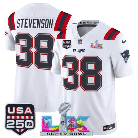 New England Patriots #38 Rhamondre Stevenson White 2025 F.U.S.E. Super Bowl LX Patch And USA 250' Patch Vapor Limited Football Stitched Jersey