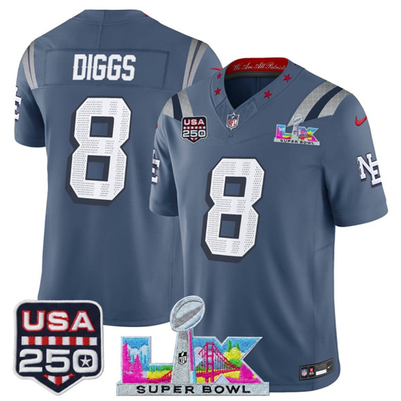 New England Patriots #8 Stefon Diggs Storm Blue 2025 F.U.S.E. Super Bowl LX & USA 250' Patch ??Rivalries?? Vapor Limited Football Stitched Jersey