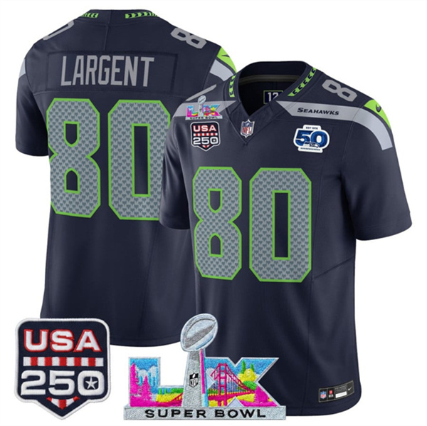 Seattle Seahawks #80 Steve Largent Navy 2025 F.U.S.E. Super Bowl LX Patch And 50th Season & USA 250' Patch Vapor Limited Football Stitched Jersey