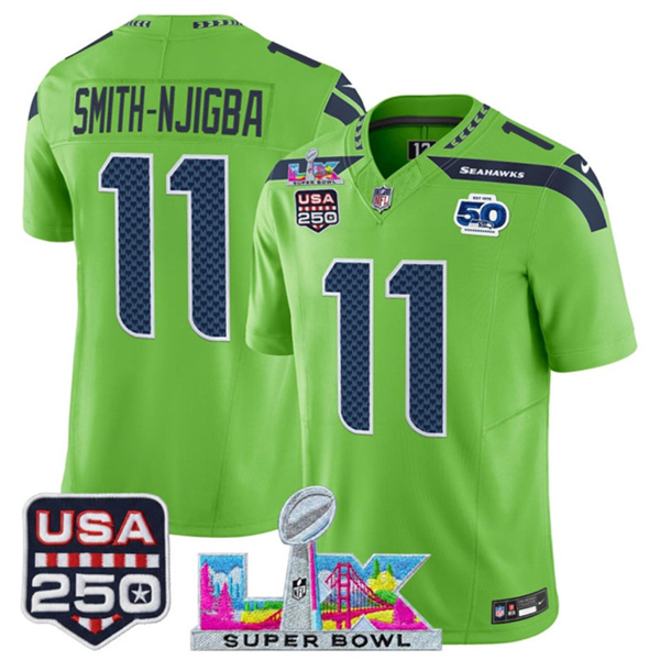 Seattle Seahawks #11 Jaxon Smith-Njigba Green 2025 F.U.S.E. Super Bowl LX Patch And 50th Season & USA 250' Patch Vapor Limited Football Stitched Jersey Seattle Seahawks #11 Jaxon Smith-Njigba Green 2025 F.U.S.E. Super Bowl LX Patch And 50th Season & USA 250' Patch Vapor Limited Football Stitched Jersey