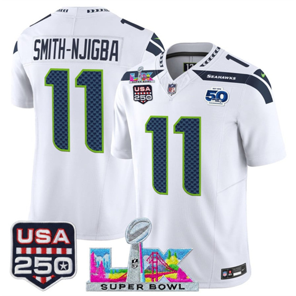 Seattle Seahawks #11 Jaxon Smith-Njigba White 2025 F.U.S.E. Super Bowl LX Patch And 50th Season & USA 250' Patch Vapor Limited Football Stitched Jersey Seattle Seahawks #11 Jaxon Smith-Njigba White 2025 F.U.S.E. Super Bowl LX Patch And 50th Season & USA 250' Patch Vapor Limited Football Stitched Jersey