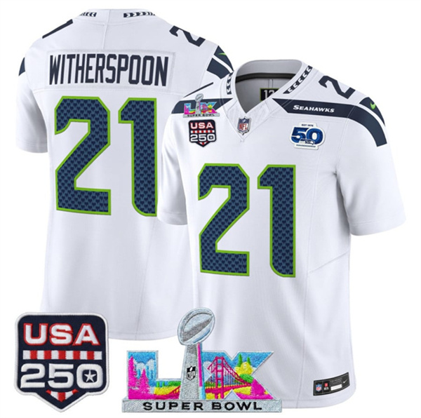 Seattle Seahawks #21 Devon Witherspoon White 2025 F.U.S.E. Super Bowl LX Patch And 50th Season & USA 250' Patch Vapor Limited Football Stitched Jersey