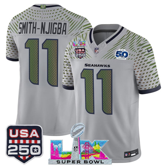 Seattle Seahawks #11 Jaxon Smith-Njigba Gray 2025 F.U.S.E. Super Bowl LX & US 250th anniversary Patch And 50th Season Patch ??Rivalries?? Vapor Limited Football Stitched Jersey