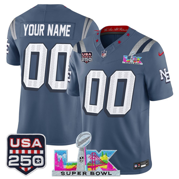 New England Patriots Active Player Custom Storm Blue 2025 F.U.S.E. Super Bowl LX & USA 250' Patch ??Rivalries?? Vapor Limited Football Stitched Jersey New England Patriots Active Player Custom Storm Blue 2025 F.U.S.E. Super Bowl LX & USA 250' Patch ??Rivalries?? Vapor Limited Football Stitched Jersey