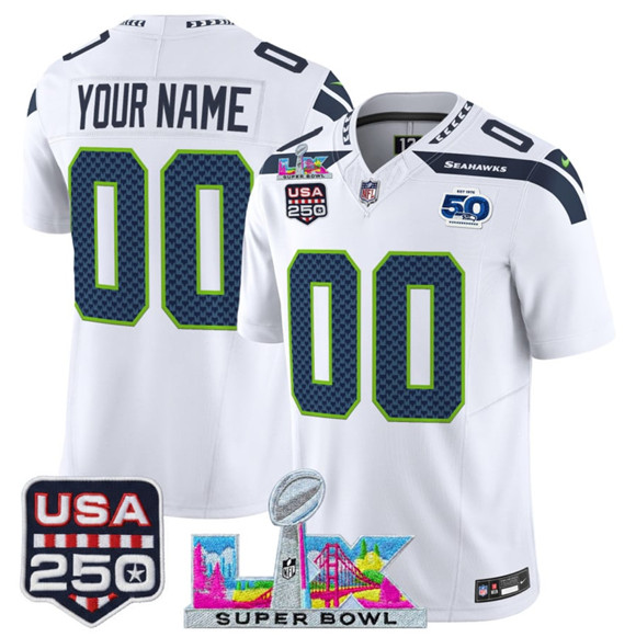 Seattle Seahawks Active Player Custom White 2025 F.U.S.E. Super Bowl LX & US 250th anniversary Patch And 50th Season Patch Vapor Limited Football Stitched Jersey