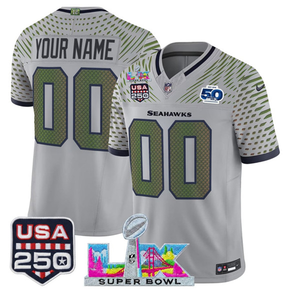 Seattle Seahawks Active Player Custom Gray 2025 F.U.S.E. Super Bowl LX & US 250th anniversary Patch And 50th Season Patch ??Rivalries?? Vapor Limited Football Stitched Jersey Seattle Seahawks Active Player Custom Gray 2025 F.U.S.E. Super Bowl LX & US 250th anniversary Patch And 50th Season Patch ??Rivalries?? Vapor Limited Football Stitched Jersey