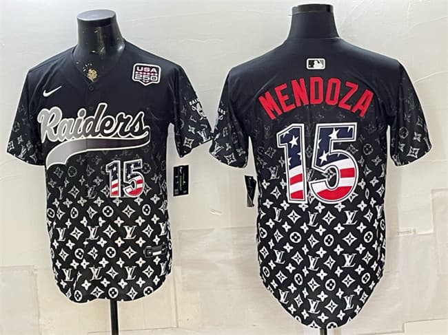 Las Vegas Raiders #15 Fernando Mendoza Black USA 250 Fourth of July Vapor Limited Stitched Baseball Jersey Las Vegas Raiders #15 Fernando Mendoza Black USA 250 Fourth of July Vapor Limited Stitched Baseball Jersey