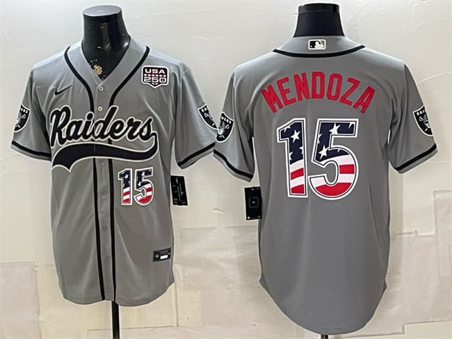 Las Vegas Raiders #15 Fernando Mendoza Gray USA 250 Fourth of July Vapor Limited Stitched Baseball Jersey Las Vegas Raiders #15 Fernando Mendoza Gray USA 250 Fourth of July Vapor Limited Stitched Baseball Jersey