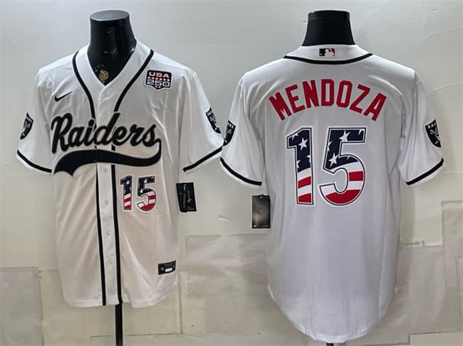 Las Vegas Raiders #15 Fernando Mendoza White USA 250 Fourth of July Vapor Limited Stitched Baseball Jersey Las Vegas Raiders #15 Fernando Mendoza White USA 250 Fourth of July Vapor Limited Stitched Baseball Jersey