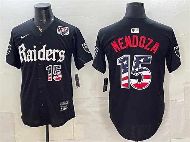 Las Vegas Raiders #15 Fernando Mendoza Black USA 250 Fourth of July 'Gothic Sin City Shadows Edition' Vapor Limited Stitched Baseball Jersey