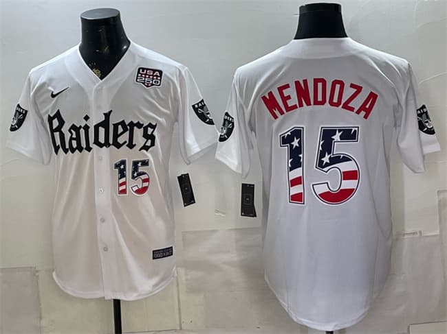 Las Vegas Raiders #15 Fernando Mendoza White USA 250 Fourth of July 'Gothic Sin City Shadows Edition' Vapor Limited Stitched Baseball Jersey Las Vegas Raiders #15 Fernando Mendoza White USA 250 Fourth of July 'Gothic Sin City Shadows Edition' Vapor Limited Stitched Baseball Jersey