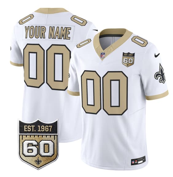 New Orleans Saints Active Player Custom White F.U.S.E. 60th Anniversary Patch Vapor Limited Football Stitched Jersey New Orleans Saints Active Player Custom White F.U.S.E. 60th Anniversary Patch Vapor Limited Football Stitched Jersey